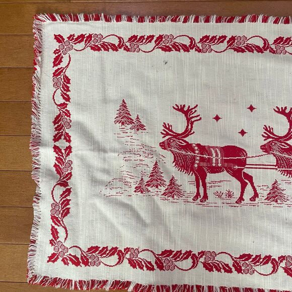Vintage Santa Claus Sleigh & Reindeer Christmas Table Runner Hand Woven Tapestry - Picture 2 of 9